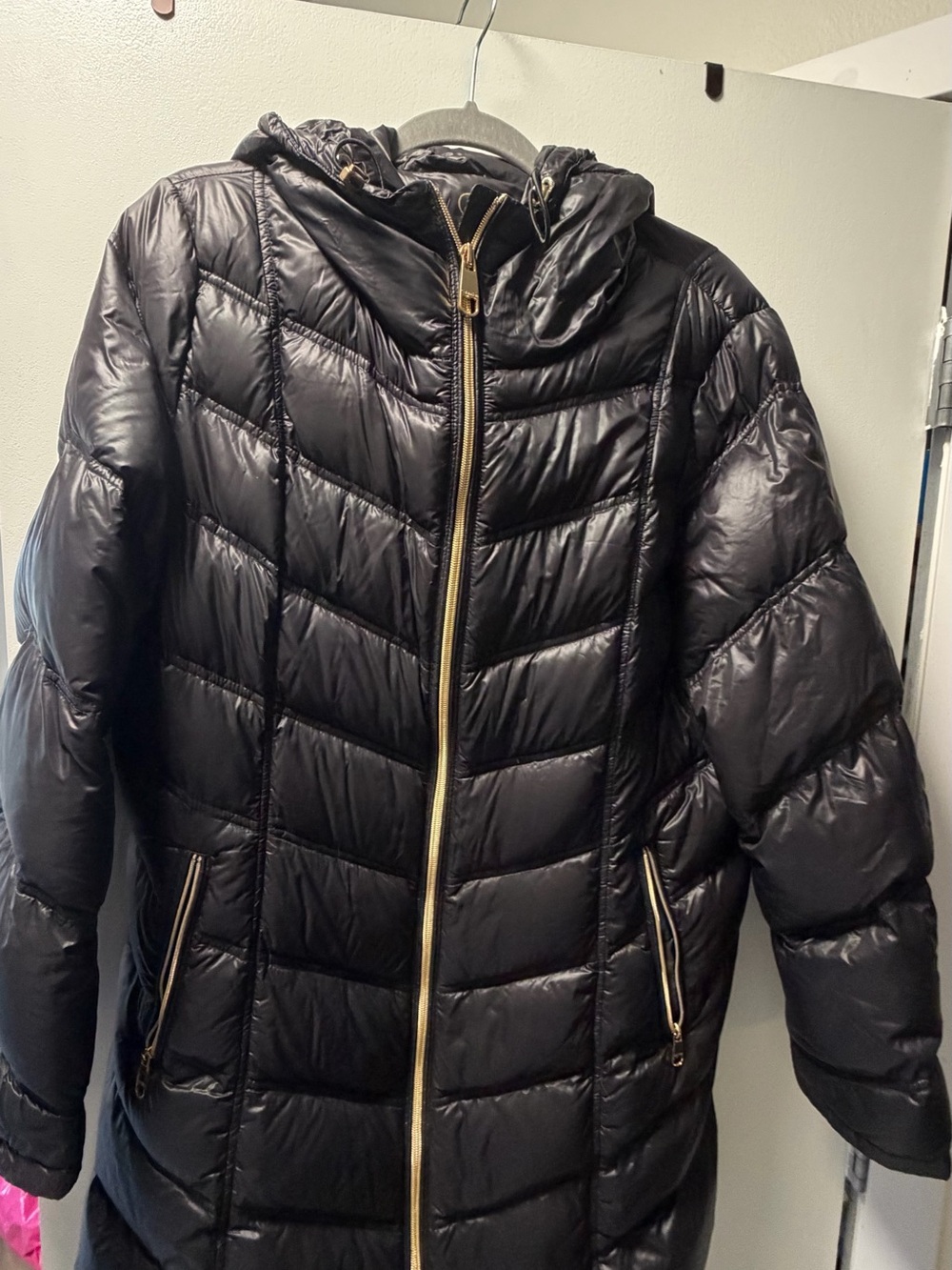 Calvin Klein Black Quilted Hooded Puffer Coat with Gold Zipper